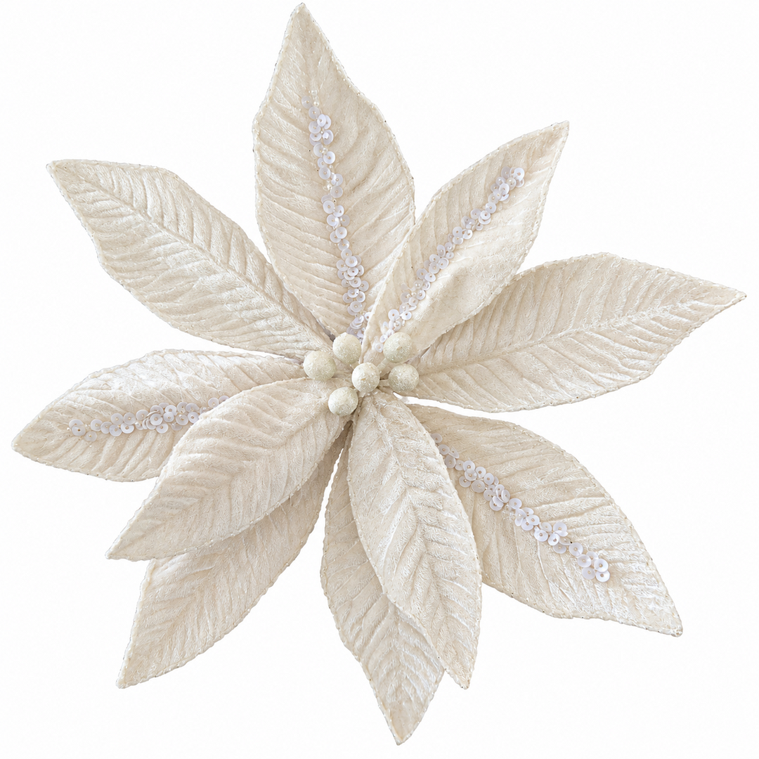 30" White Velvet Poinsettia Stem with Sequins White Trim &amp; Center