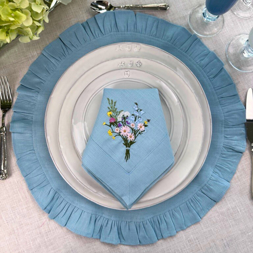 18" Round Ruffle Velvet Placemat in Light Blue