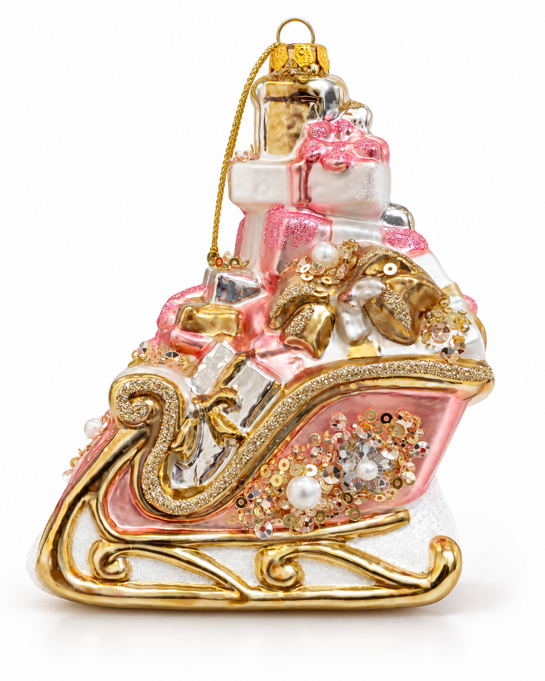 6"  Pink Sleigh With Gifts, Glass, Snow Gifts Presents Ornaments
