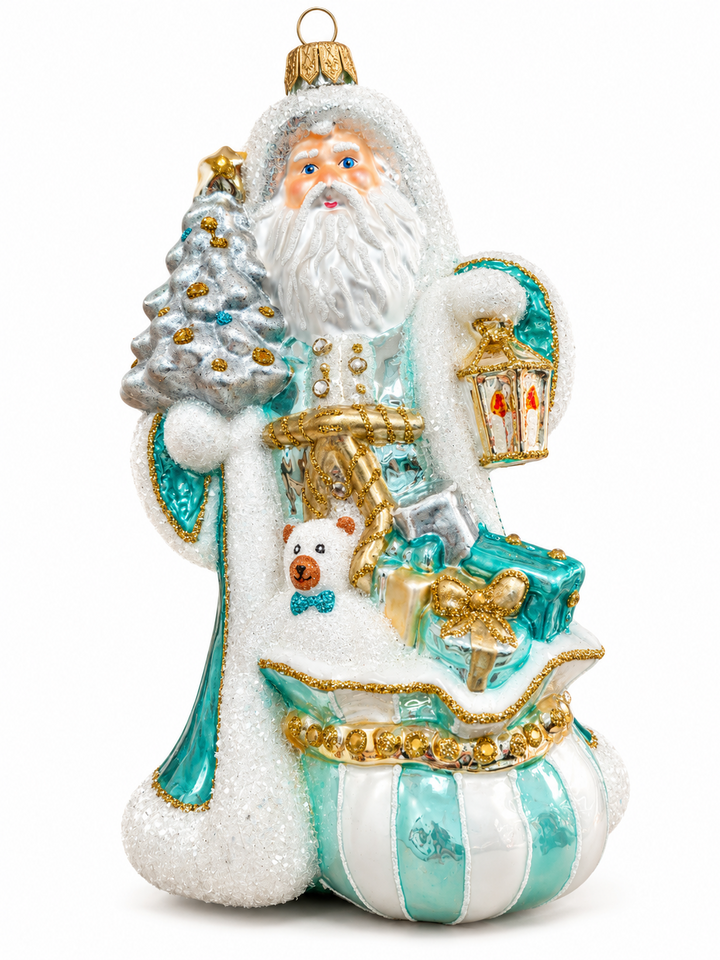 Turquoise and Gold Splendid Santa Ornament
