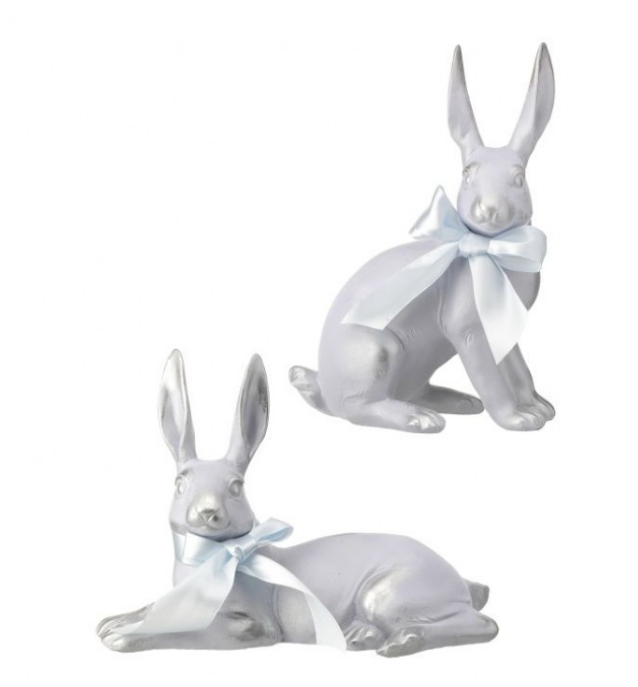 11" Resin Flock Sitting Bunny with Bow - Choice of Sitting or Laying Down