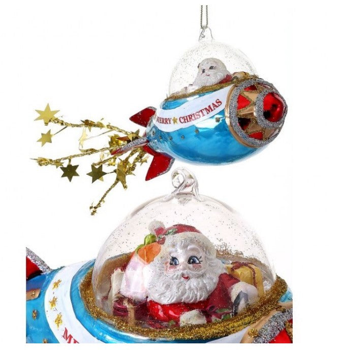 9" Glass Santa in Rocketship Ornament