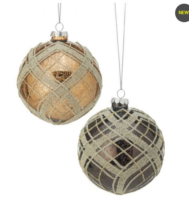 4"  Shiny Glass Plaid Ball Ornament - set of 2