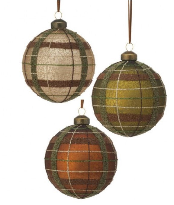 4"  Glass Matte Plaid Ball Ornaments - Set of 3