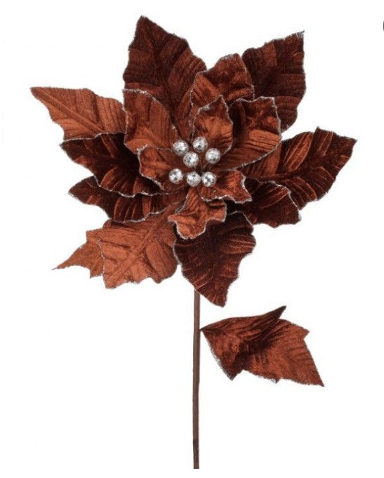 24"  Velvet Poinsettia with Glitter Edge Stem in Brown