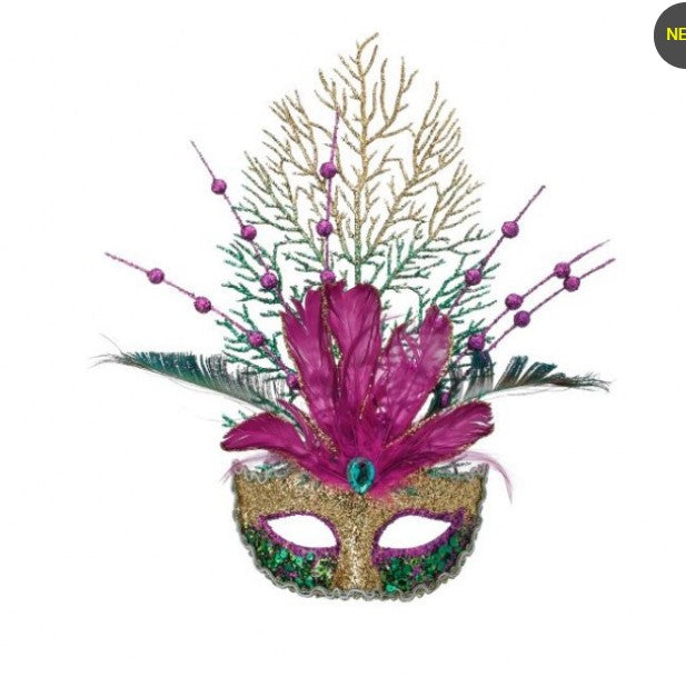 14"  Glitter with Feather Mardi Gras Mask Ornament