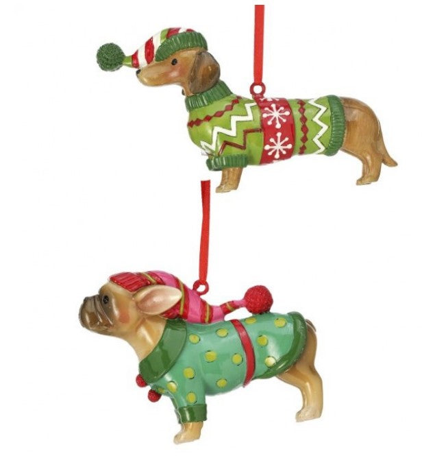 3" Resin Dog Ornament in Sweater - Choice of Bulldog or Dachsund