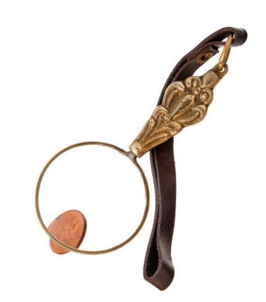 7" Brass Magnifier Glass with Leather Strap Ornament