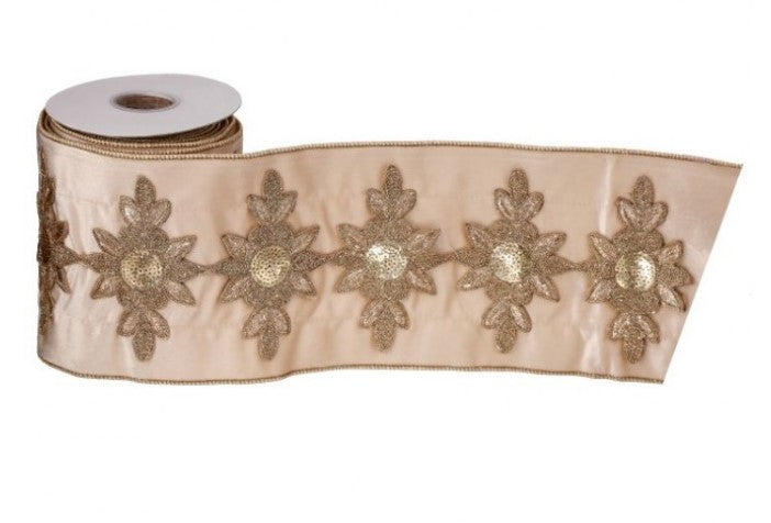 6"X5Y Sequin and Glitter  Embroidered Creme Taffeta Back Ribbon