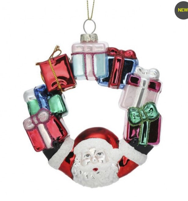 5" Glass Santa with Present Wreath Ornament