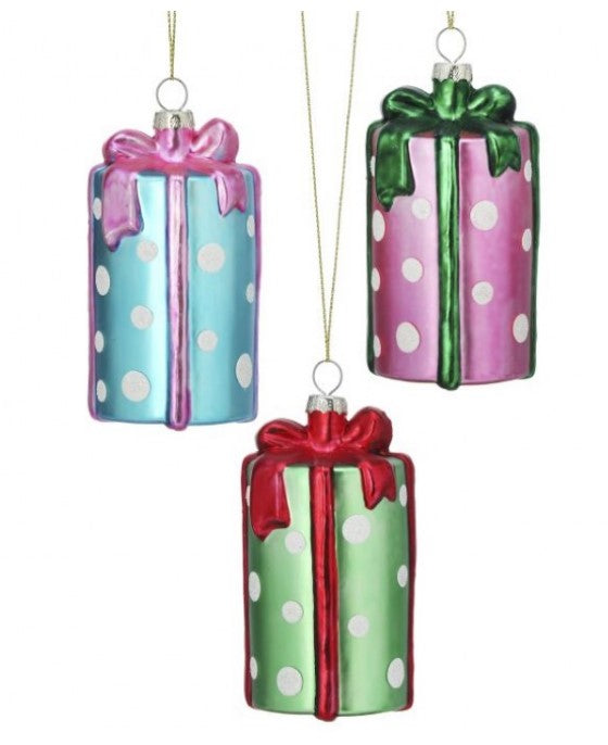 4.5" Glass Polka Dot Present Ornament - Choice of 3 colors