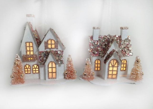 5" Vintage House Ornament with LED lights and Battery Timer - Set of 2