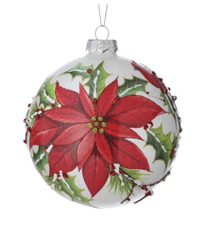 5.5" Glass Poinsettia and Holly Ball Ornament