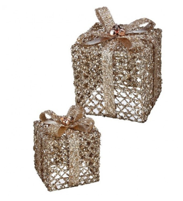 6"-8" Metal Gift Box Glitter with Bow - 2 Piece Set in Champagne