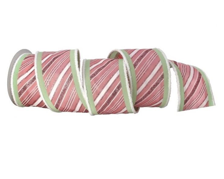 4"X10Y Green Back and Peppermint Stripe Ribbon